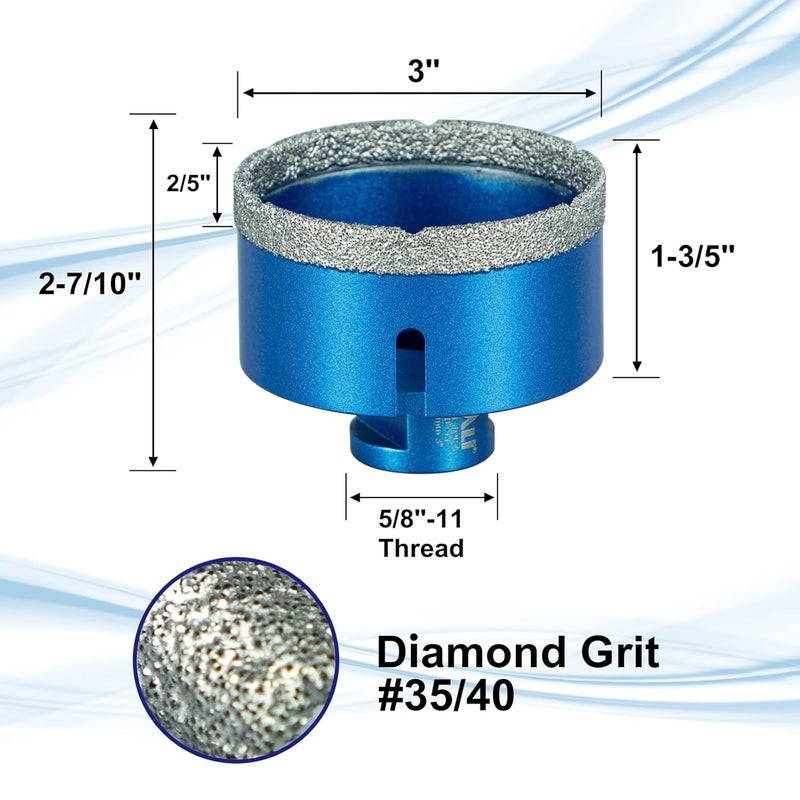 SALI Diamond Core Drill Bits 3 Inch (76mm) Tile Hole Saws Vacuum Brazed Hole Saw with 5/8-11 Thread for Glass Ceramic Porcelain Tiles Marble Brick Granite Quartz Fit Angle Grinders Drills - Image 2